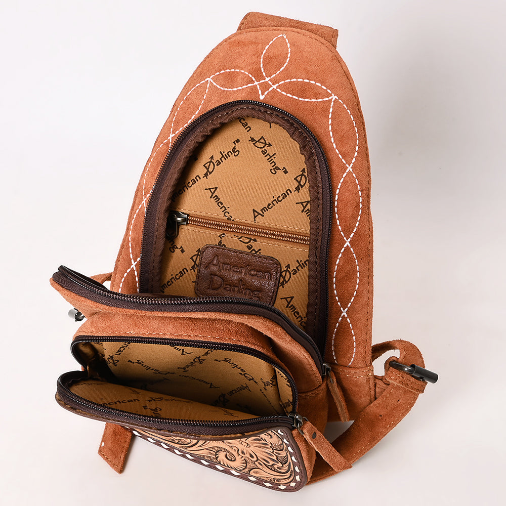ADBG1573 Genuine suede Sling Bag - Floral Tooled Leather Pocket