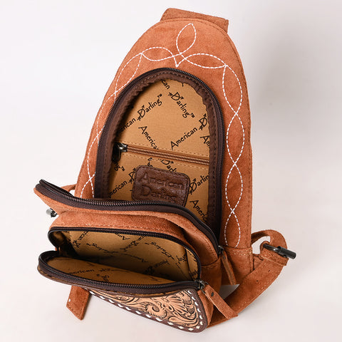 American Darling Genuine Suede Leather Sling Bag with Hand Tooled Floral Front & Buck Stitch Details