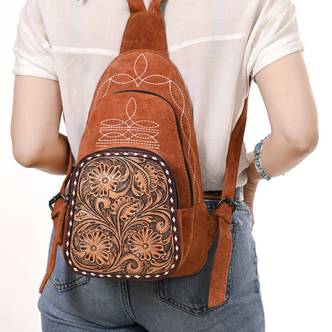 American Darling Genuine Suede Leather Sling Bag with Hand Tooled Floral Front & Buck Stitch Details