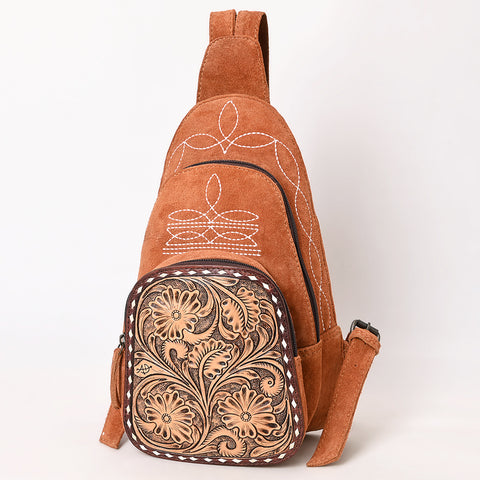 American Darling Genuine Suede Leather Sling Bag with Hand Tooled Floral Front & Buck Stitch Details