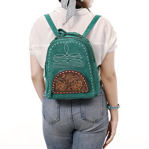 American Darling Genuine Suede Leather Backpack Bag with Hand Tooled Floral Front & Buck Stitch Accents
