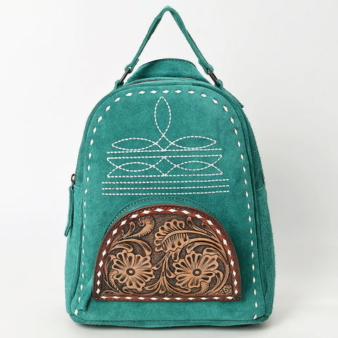 American Darling Genuine Suede Leather Backpack Bag with Hand Tooled Floral Front & Buck Stitch Accents
