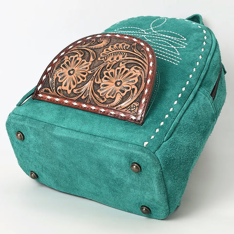American Darling Genuine Suede Leather Backpack Bag with Hand Tooled Floral Front & Buck Stitch Accents