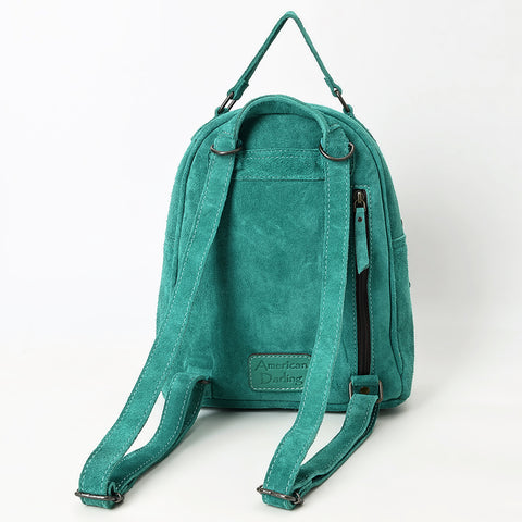 American Darling Genuine Suede Leather Backpack Bag with Hand Tooled Floral Front & Buck Stitch Accents