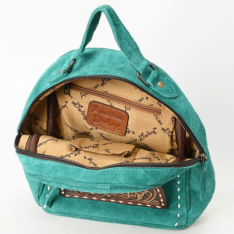 American Darling Genuine Suede Leather Backpack Bag with Hand Tooled Floral Front & Buck Stitch Accents