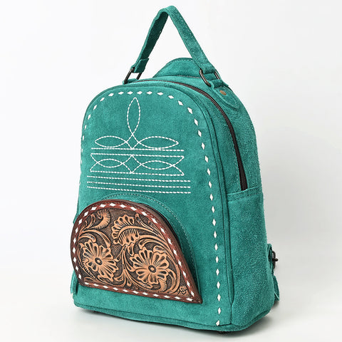 American Darling Genuine Suede Leather Backpack Bag with Hand Tooled Floral Front & Buck Stitch Accents