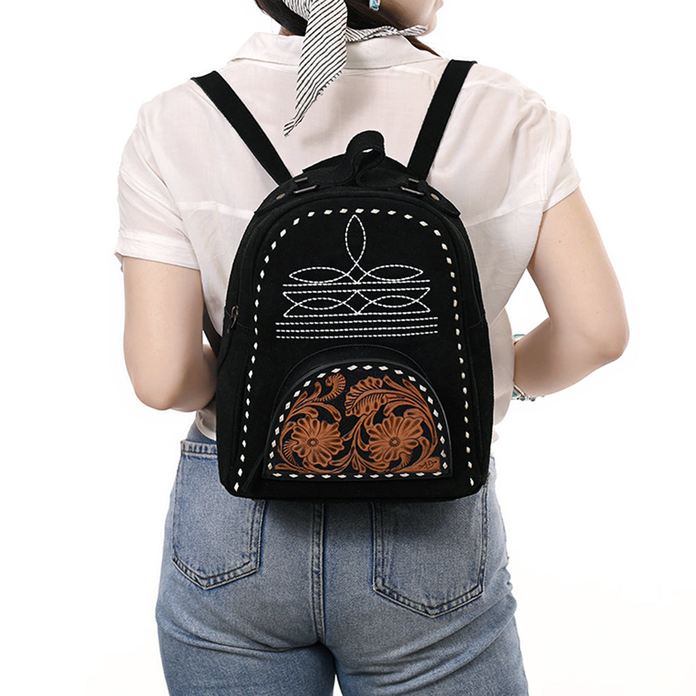 ADBG1574B Black Genuine suede Backpack - Tooled Leather Floral Front Pocket