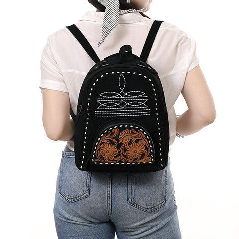 American Darling Black Suede Genuine Leather Backpack Bag with Hand Tooled Floral Front & Buck Stitch Accents