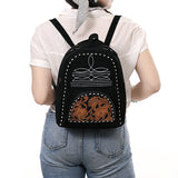 ADBG1574B Black Suede Backpack - Tooled Leather Floral Front Pocket