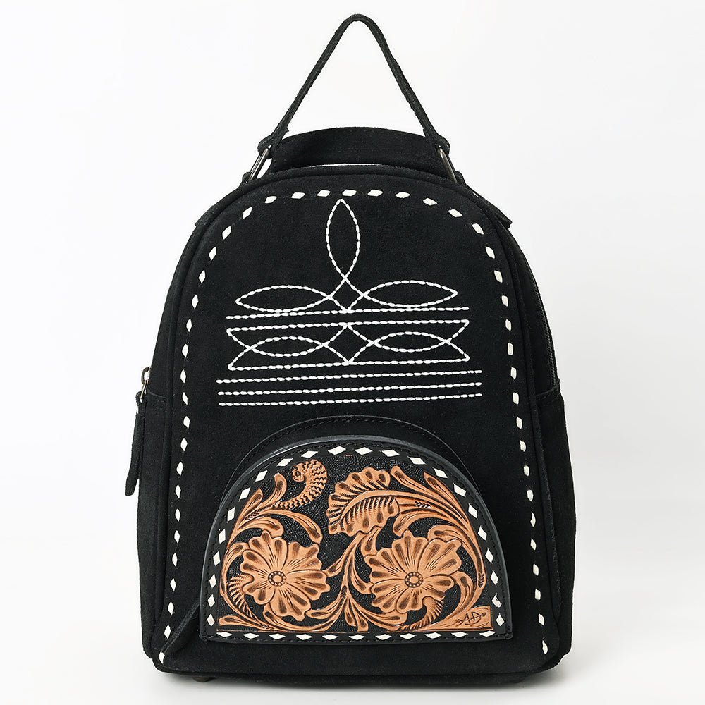 ADBG1574B Black Genuine suede Backpack - Tooled Leather Floral Front Pocket