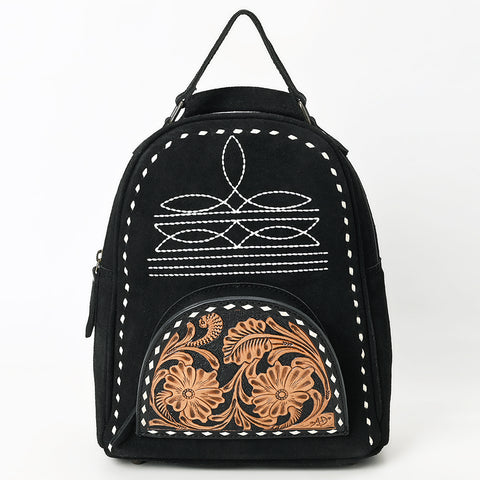 American Darling Black Suede Genuine Leather Backpack Bag with Hand Tooled Floral Front & Buck Stitch Accents