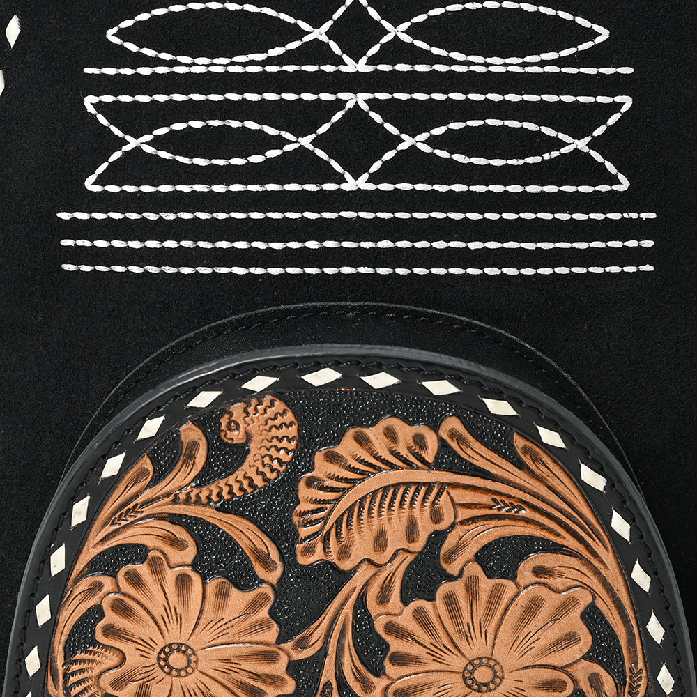 ADBG1574B Black Genuine suede Backpack - Tooled Leather Floral Front Pocket