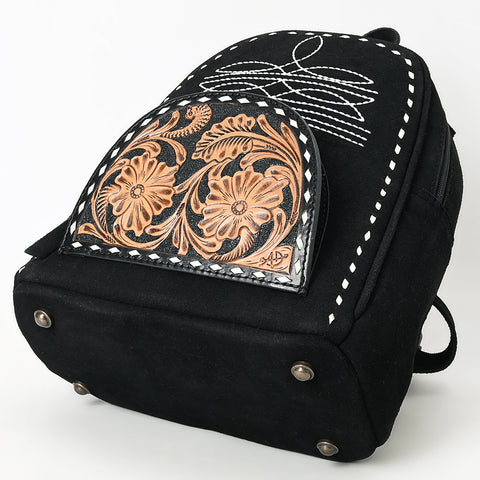 American Darling Black Suede Genuine Leather Backpack Bag with Hand Tooled Floral Front & Buck Stitch Accents