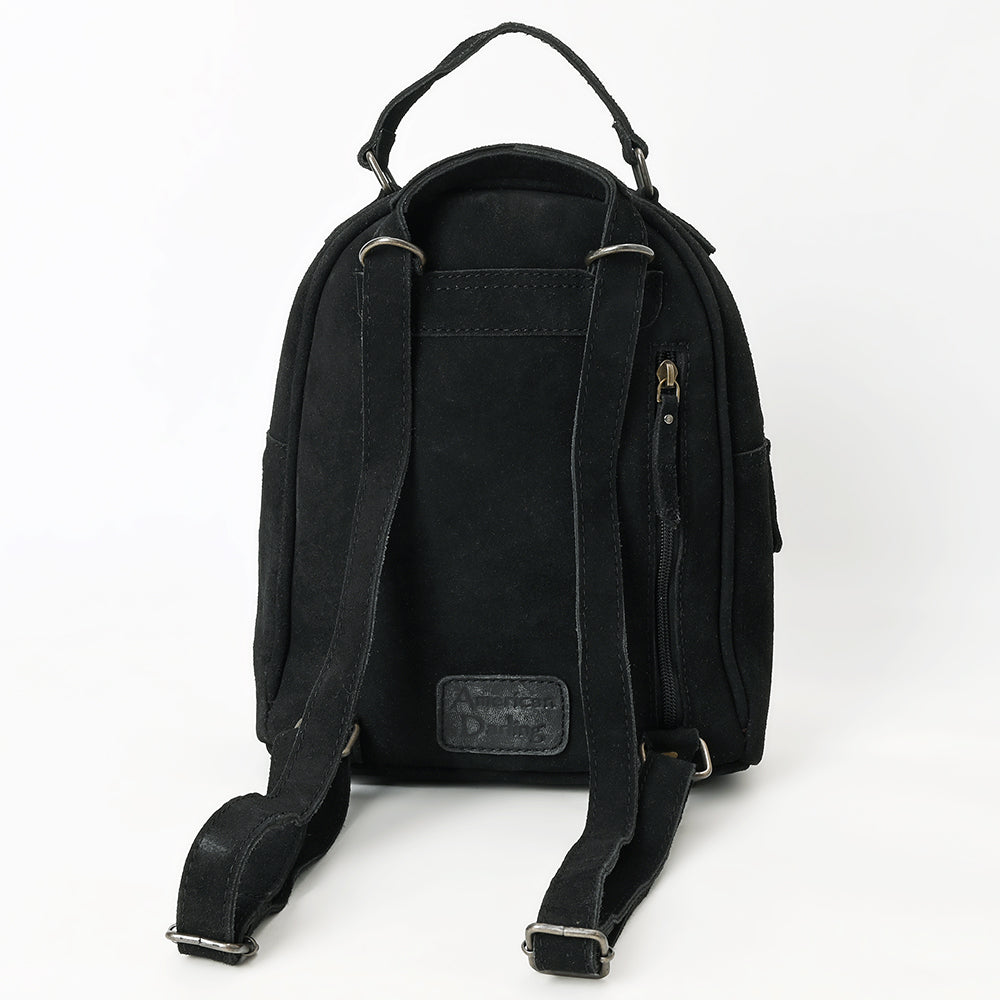 ADBG1574B Black Genuine suede Backpack - Tooled Leather Floral Front Pocket