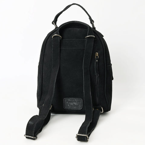 American Darling Black Suede Genuine Leather Backpack Bag with Hand Tooled Floral Front & Buck Stitch Accents