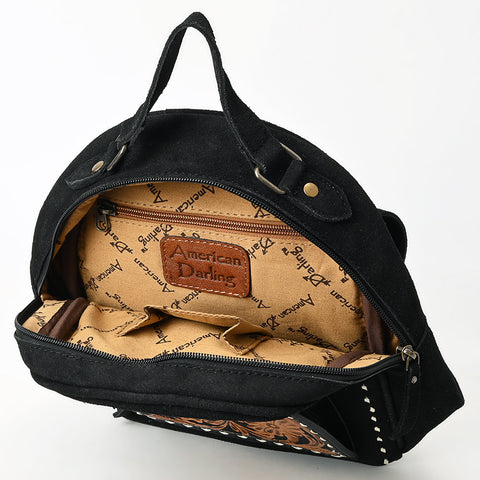 American Darling Black Suede Genuine Leather Backpack Bag with Hand Tooled Floral Front & Buck Stitch Accents