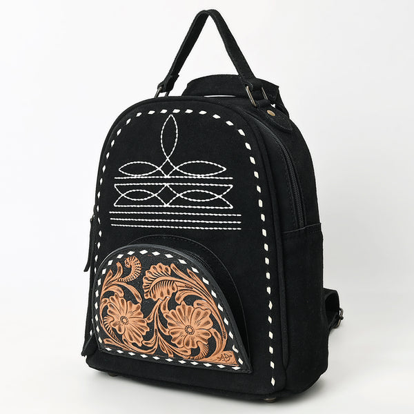 ADBG1574B Black Suede Backpack - Tooled Leather Floral Front Pocket