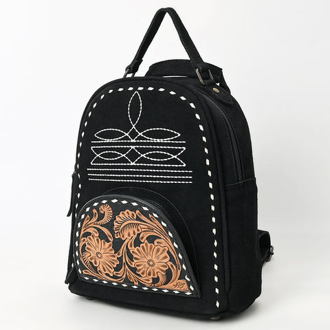 American Darling Black Suede Genuine Leather Backpack Bag with Hand Tooled Floral Front & Buck Stitch Accents