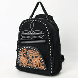 ADBG1574B Black Suede Backpack - Tooled Leather Floral Front Pocket