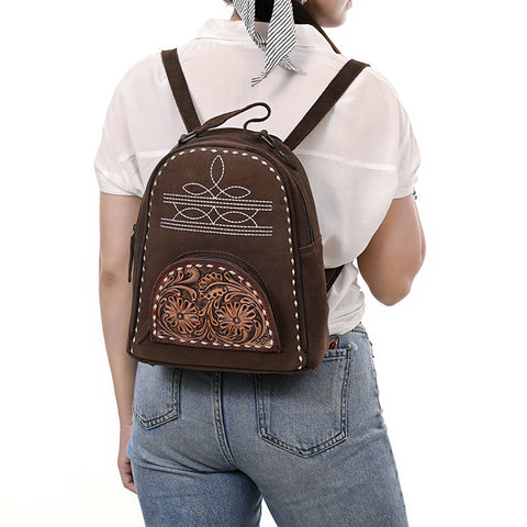 American Darling Genuine Suede Leather Backpack Bag with Hand Tooled Floral Front & Buck Stitch Accents