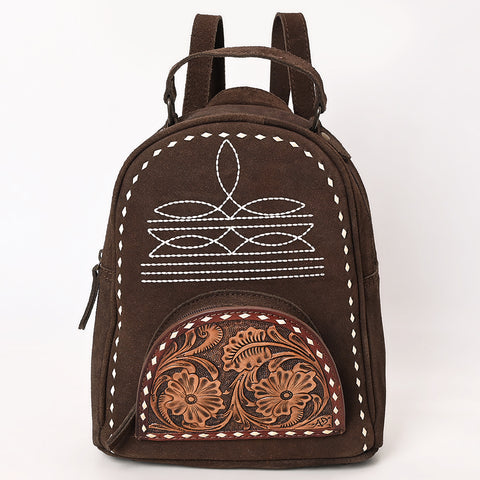 American Darling Genuine Suede Leather Backpack Bag with Hand Tooled Floral Front & Buck Stitch Accents