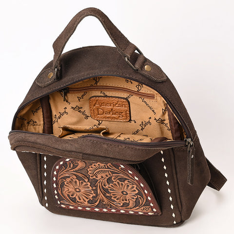 American Darling Genuine Suede Leather Backpack Bag with Hand Tooled Floral Front & Buck Stitch Accents