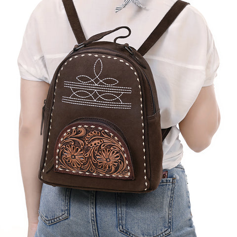 American Darling Genuine Suede Leather Backpack Bag with Hand Tooled Floral Front & Buck Stitch Accents