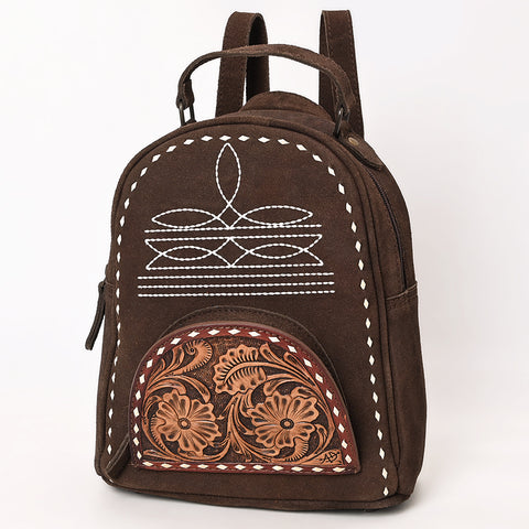 American Darling Genuine Suede Leather Backpack Bag with Hand Tooled Floral Front & Buck Stitch Accents