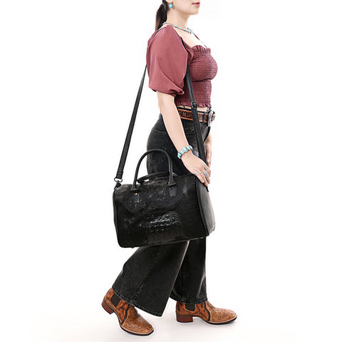 American Darling Black Crocodile Embossed Western Leather Speedy Bag ï¿½ Genuine Vegetable Tanned Travel Bag