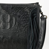 ADBG1565D Black Croc Embossed Leather Fringe Crossbody - Western Classic Purse