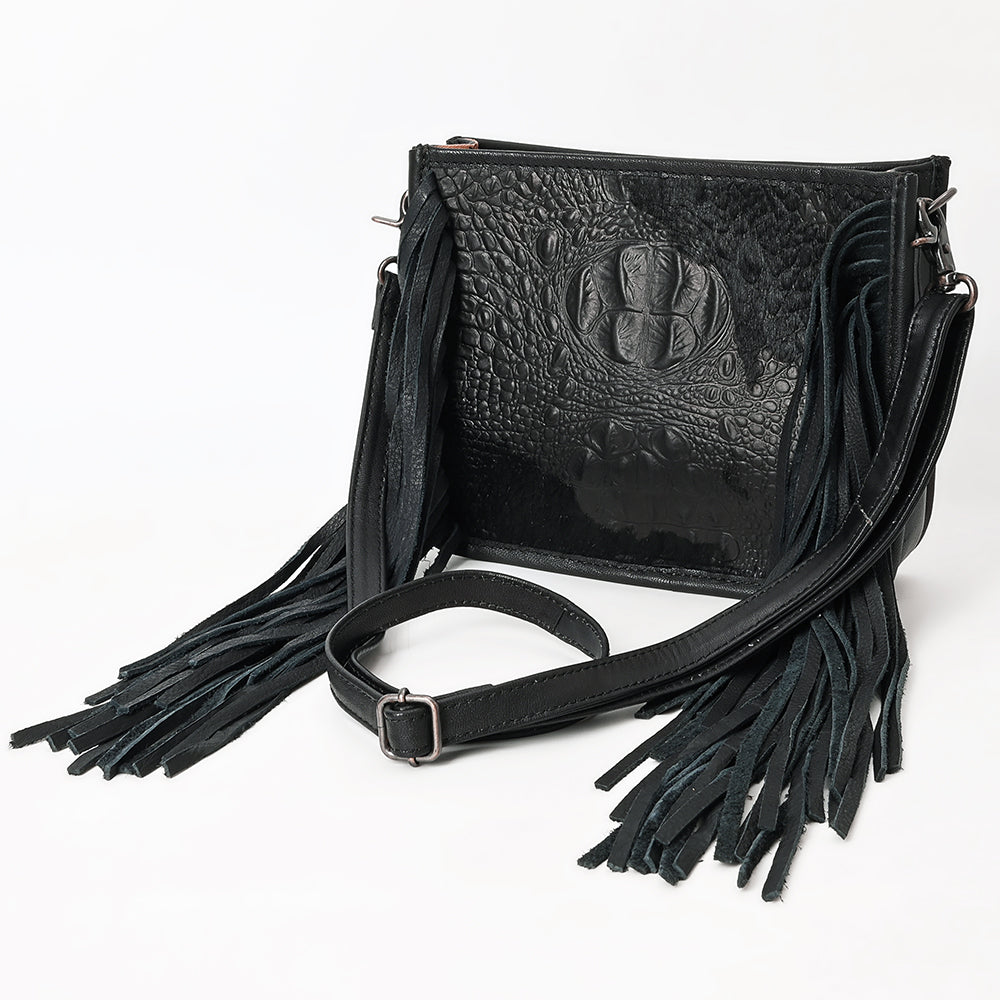 ADBG1565D Black Croc Embossed Leather Fringe Crossbody - Western Classic Purse
