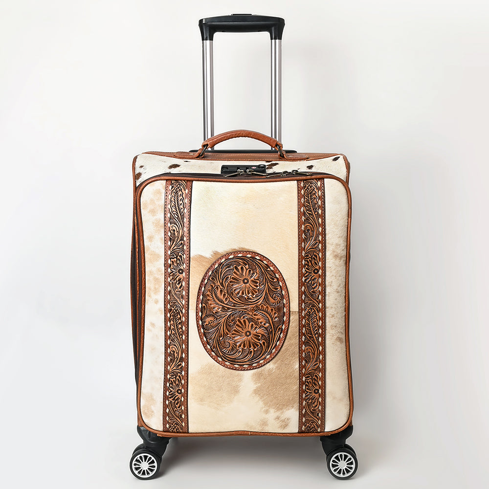 ADBG1575 Large Western Rolling Luggage - Light Hair-On Hide with Tooled Leather Accents