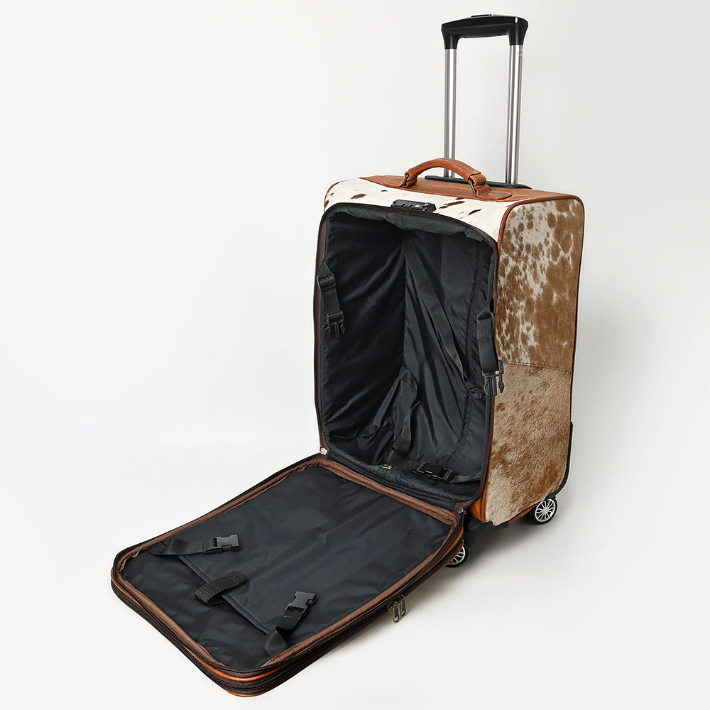ADBG1575 Large Western Rolling Luggage - Light Hair-On Hide with Tooled Leather Accents