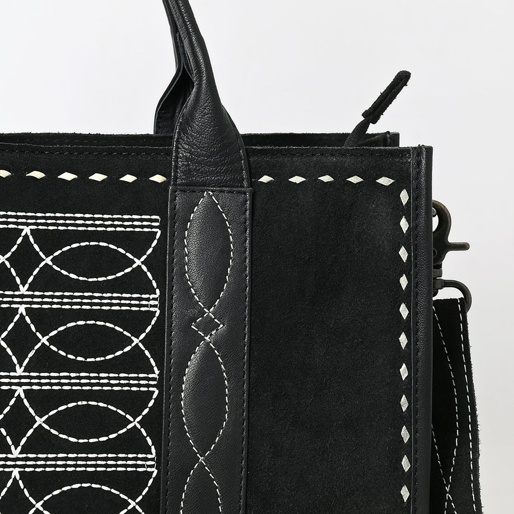 ADBG1577B Black Western Tote Bag - Genuine suede with White Hand-Stitching