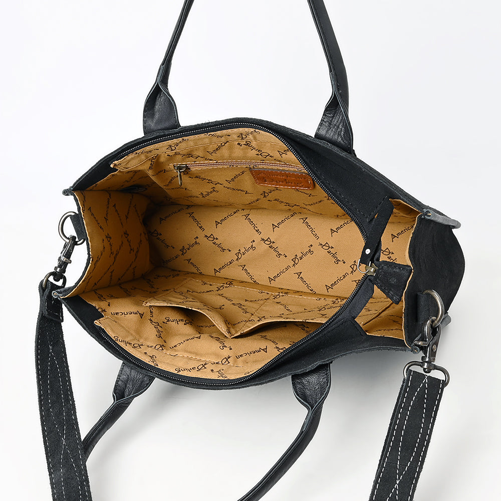ADBG1577B Black Western Tote Bag - Genuine suede with White Hand-Stitching