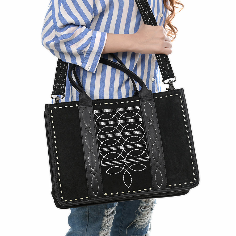 ADBG1577B Black Western Tote Bag - Genuine suede with White Hand-Stitching