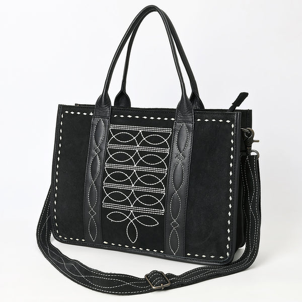 ADBG1577B Black Western Tote Bag - Suede with White Hand-Stitching