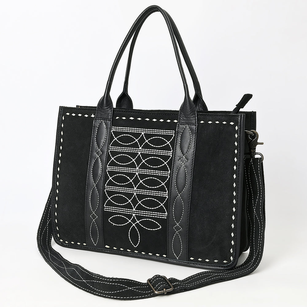 ADBG1577B Black Western Tote Bag - Genuine suede with White Hand-Stitching