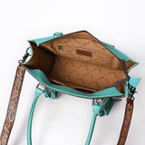 ADBG1578 Turquoise Cowhide Tote - Tooled Leather & Fringe Accents