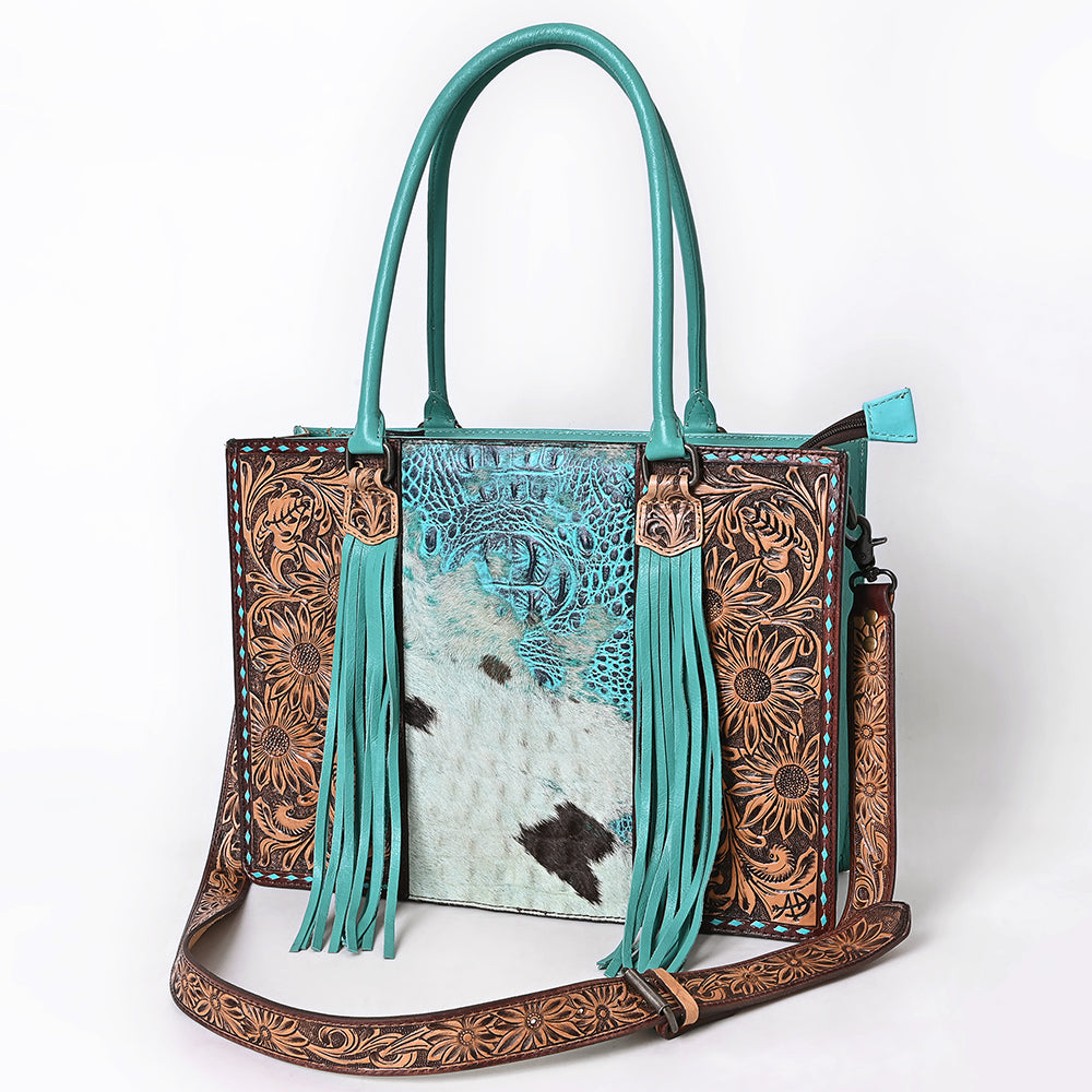 ADBG1578 Turquoise Cowhide Tote - Tooled Leather & Fringe Accents