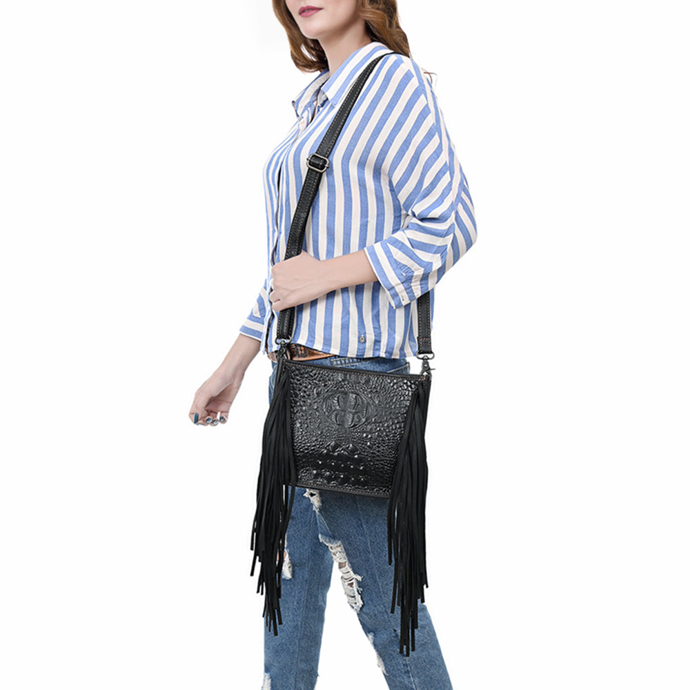 ADBG1579 Black Crocodile Embossed Leather Fringe Crossbody Bag