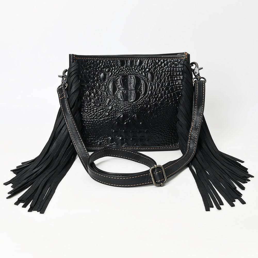 ADBG1579 Black Crocodile Embossed Leather Fringe Crossbody Bag