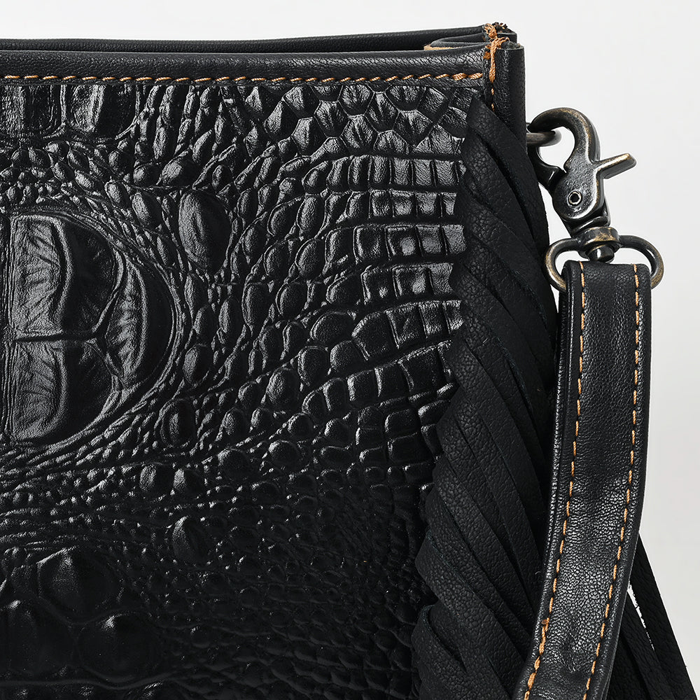 ADBG1579 Black Crocodile Embossed Leather Fringe Crossbody Bag