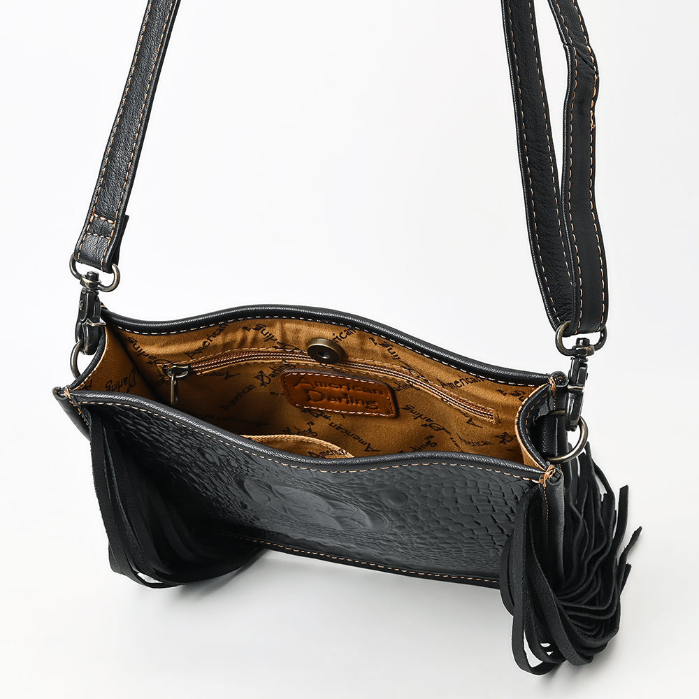 ADBG1579 Black Crocodile Embossed Leather Fringe Crossbody Bag