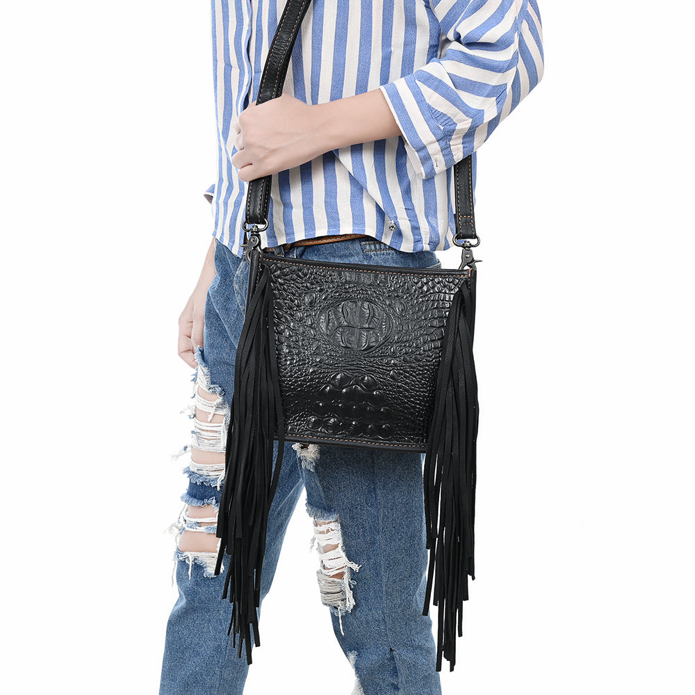 ADBG1579 Black Crocodile Embossed Leather Fringe Crossbody Bag