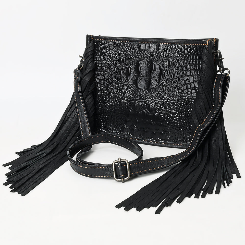 ADBG1579 Black Crocodile Embossed Leather Fringe Crossbody Bag