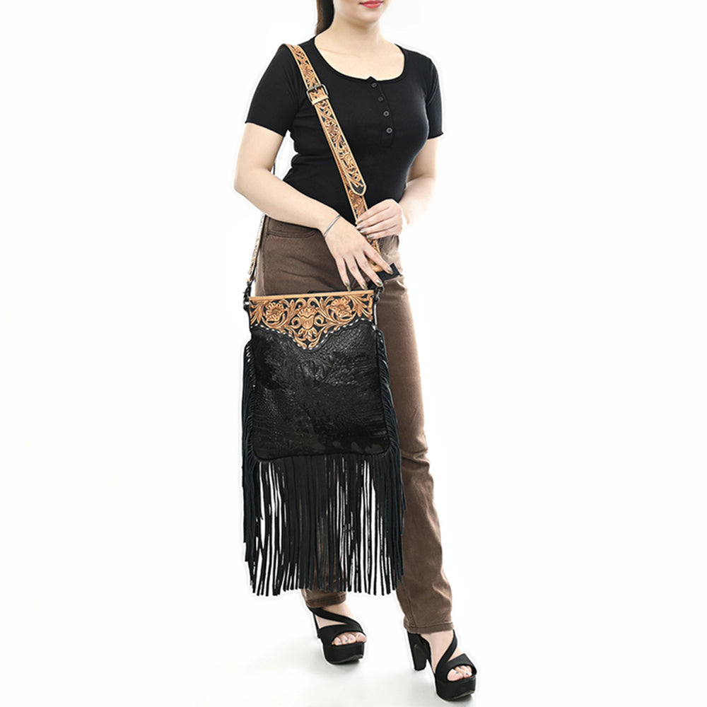 ADBG1580 Black Leather Fringe Crossbody Bag - Hand-Tooled Tan Strap & Yoke | Western Crossbody