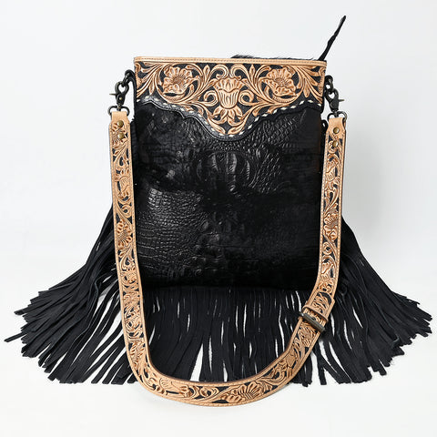 American Darling Western Genuine Crocodile Embossed Leather Large Crossbody Bag with Fringe and Hand-Tooled Detailing