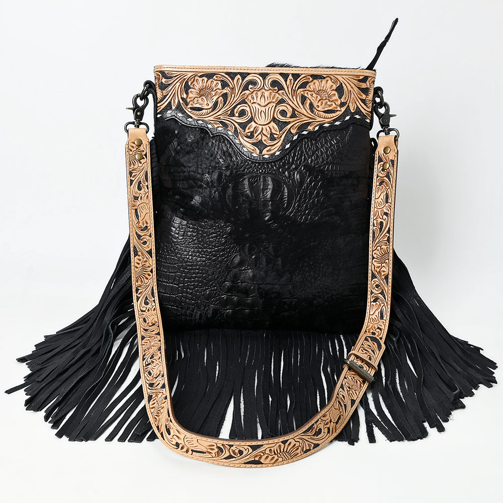ADBG1580 Black Leather Fringe Crossbody Bag - Hand-Tooled Tan Strap & Yoke | Western Crossbody