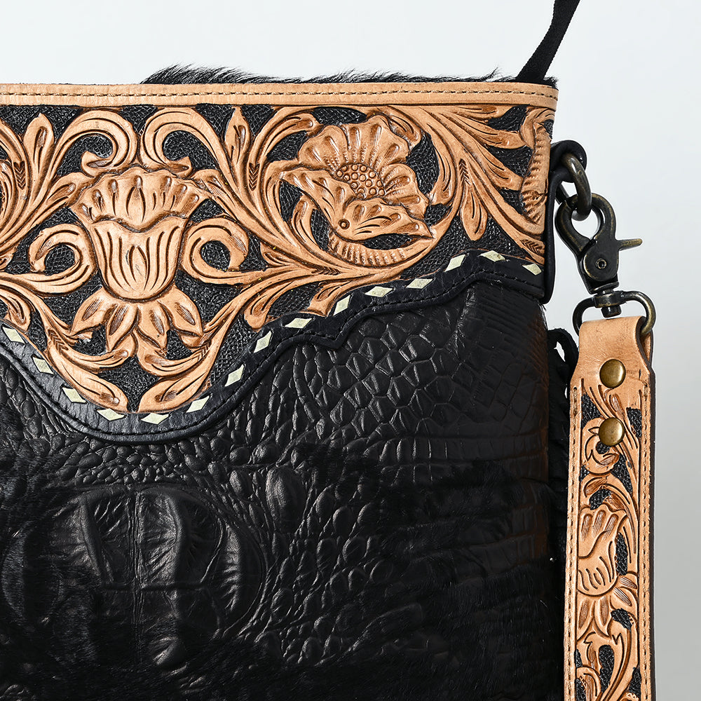 ADBG1580 Black Leather Fringe Crossbody Bag - Hand-Tooled Tan Strap & Yoke | Western Crossbody